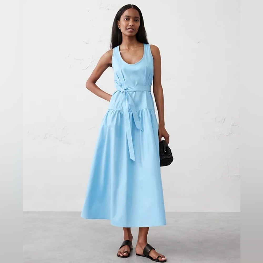 NWT - Banana Republic "Blue Skies" Cotton Poplin Corset Waist Midi Dress Size-16